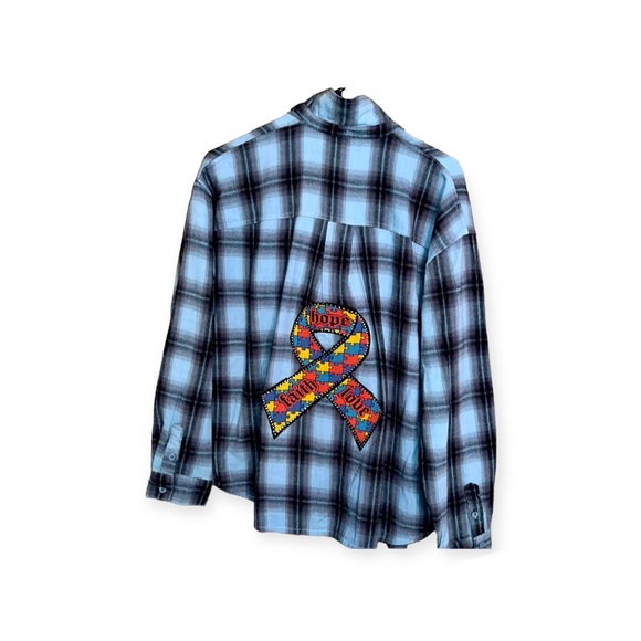 Autism Awareness OOAK Upcycled BDG Blue Flannel Shirt Sz L Boutique - Picture 2 of 4